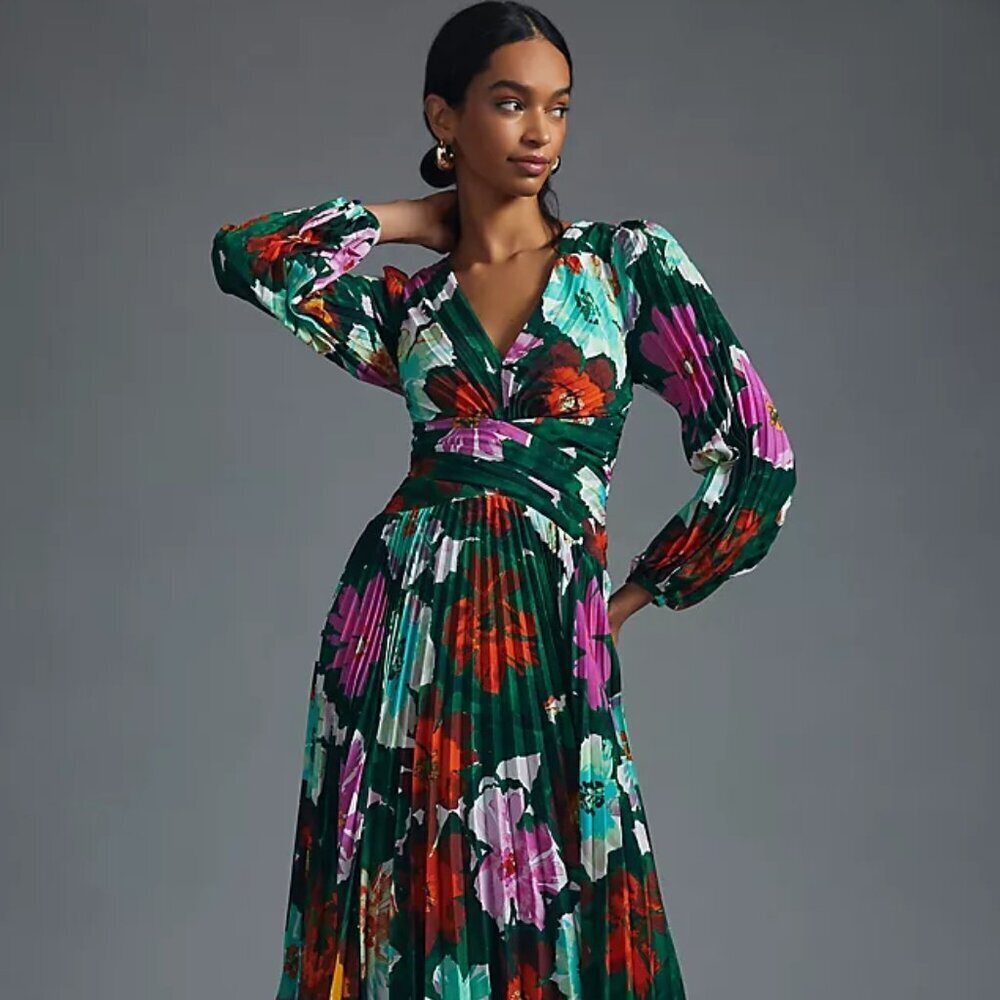 Anthropologie SOLD OUT Pleated V Neck Floral Pleated Dress sz 10 - Picture 6 of 11